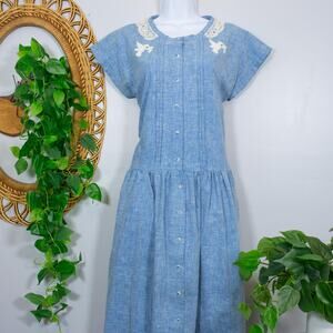 VTG Handmade Chambray Lace  Midi Dress Hummingbird Appliqué Cottagecore